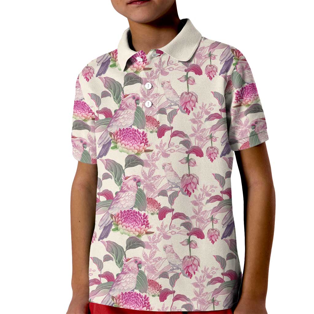 Pink Cockatoo Australia Kid Polo Shirt Tropical Flowers - Seamless Pattern