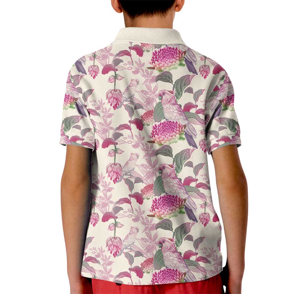 Pink Cockatoo Australia Kid Polo Shirt Tropical Flowers - Seamless Pattern