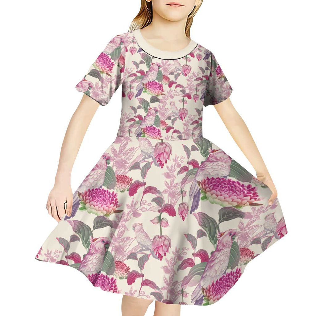 Pink Cockatoo Australia Kid Short Sleeve Dress Tropical Flowers - Seamless Pattern