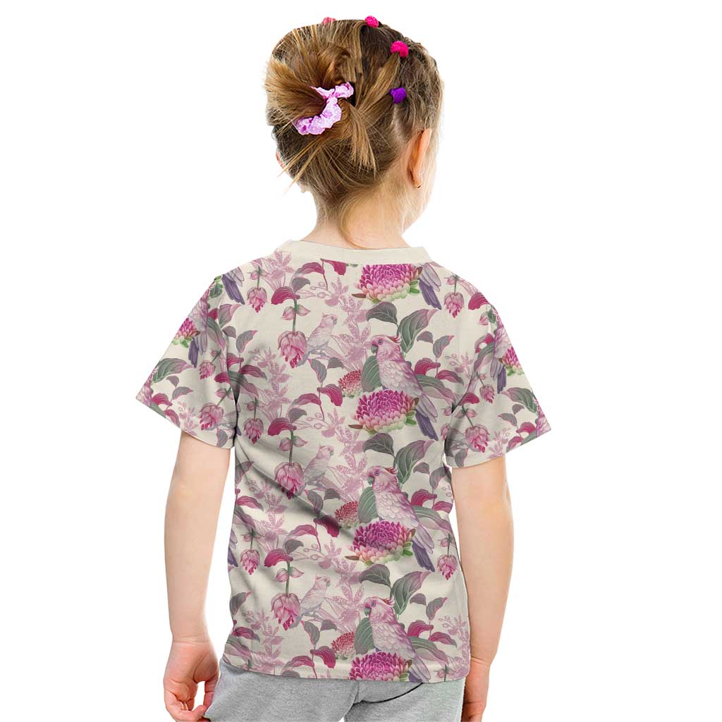 Pink Cockatoo Australia Kid T Shirt Tropical Flowers - Seamless Pattern