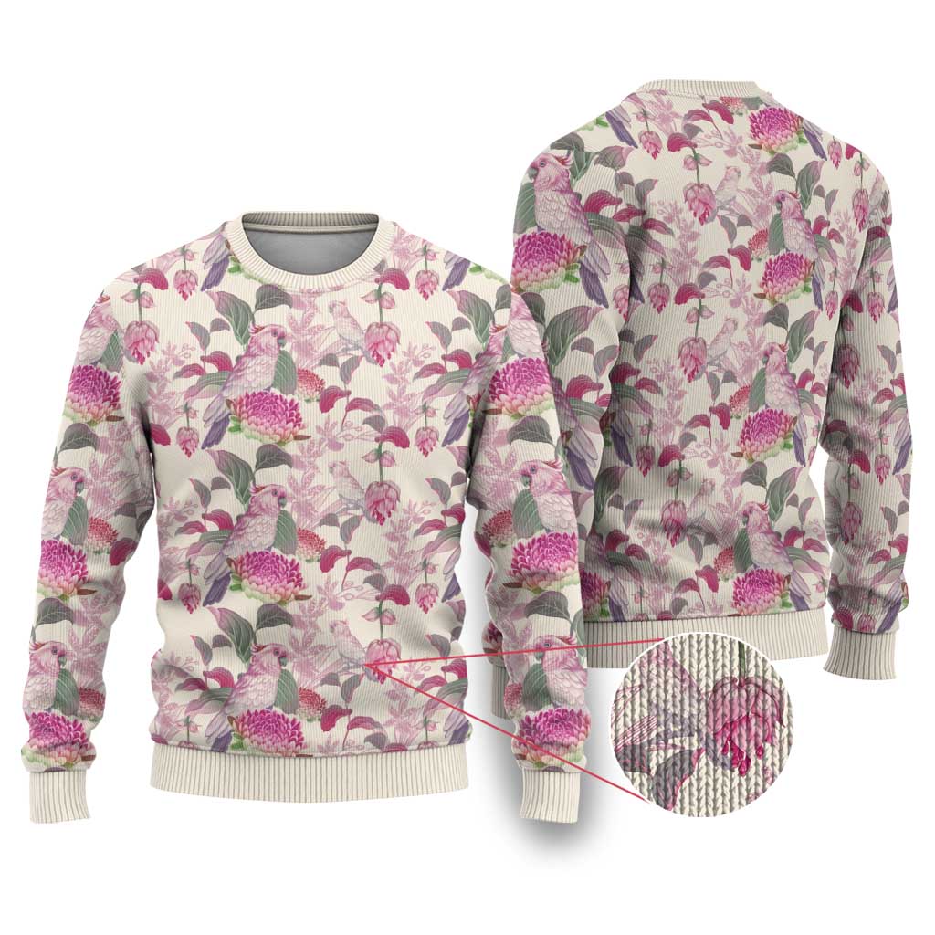 Pink Cockatoo Australia Ugly Christmas Sweater Tropical Flowers - Seamless Pattern