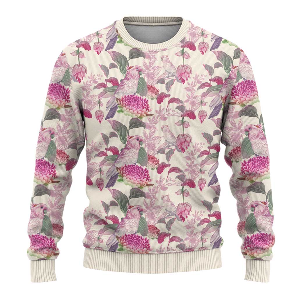Pink Cockatoo Australia Ugly Christmas Sweater Tropical Flowers - Seamless Pattern