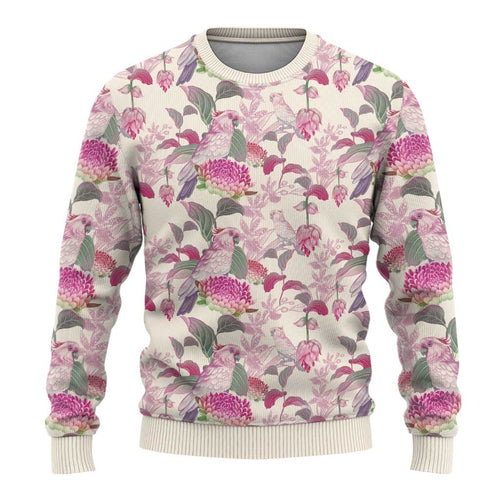 Pink Cockatoo Australia Ugly Christmas Sweater Tropical Flowers - Seamless Pattern