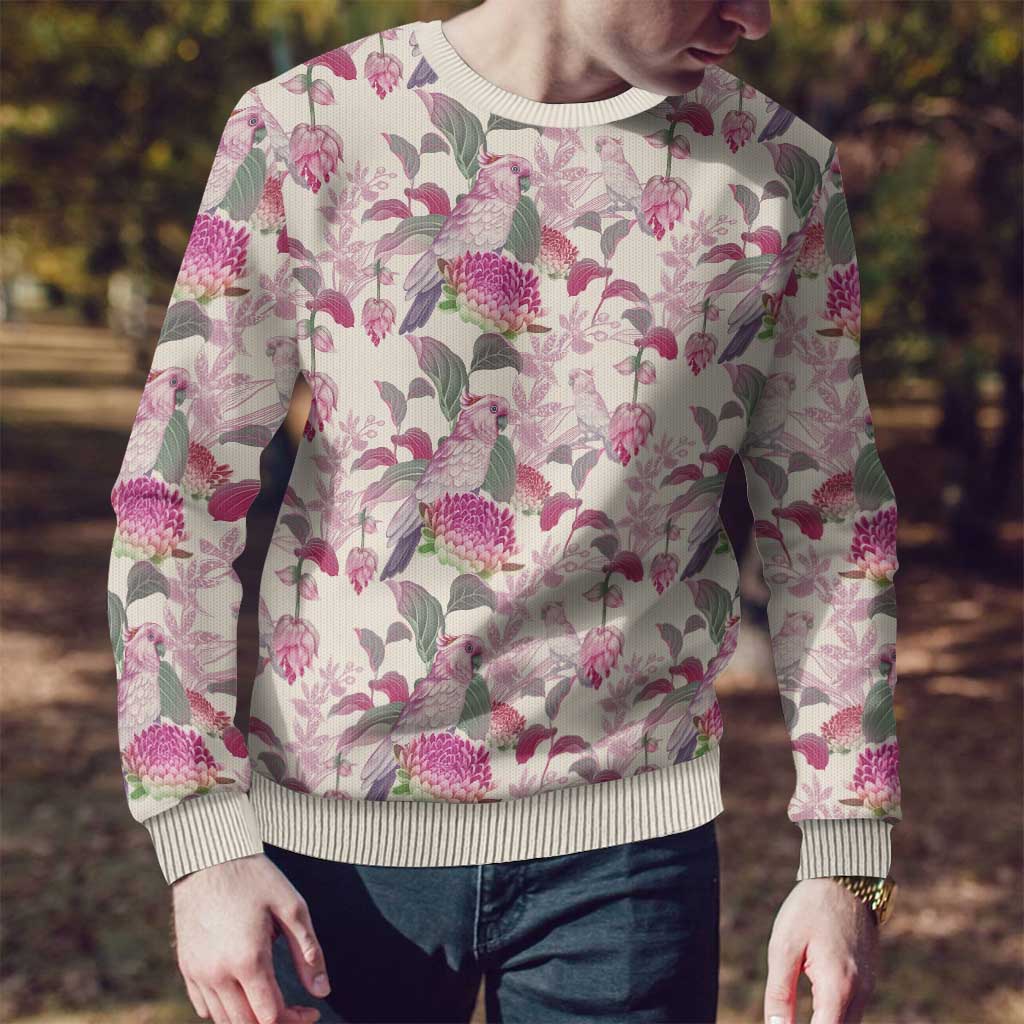 Pink Cockatoo Australia Ugly Christmas Sweater Tropical Flowers - Seamless Pattern