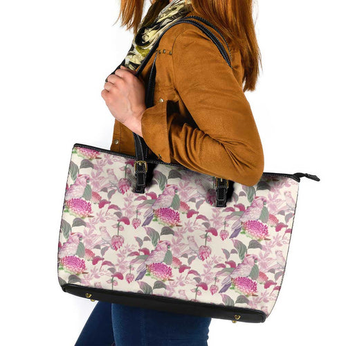 Pink Cockatoo Australia Leather Tote Bag Tropical Flowers - Seamless Pattern