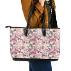 Pink Cockatoo Australia Leather Tote Bag Tropical Flowers - Seamless Pattern