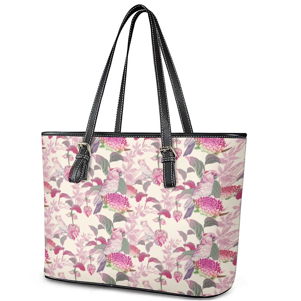 Pink Cockatoo Australia Leather Tote Bag Tropical Flowers - Seamless Pattern