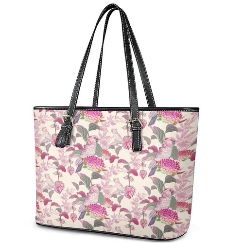 Pink Cockatoo Australia Leather Tote Bag Tropical Flowers - Seamless Pattern