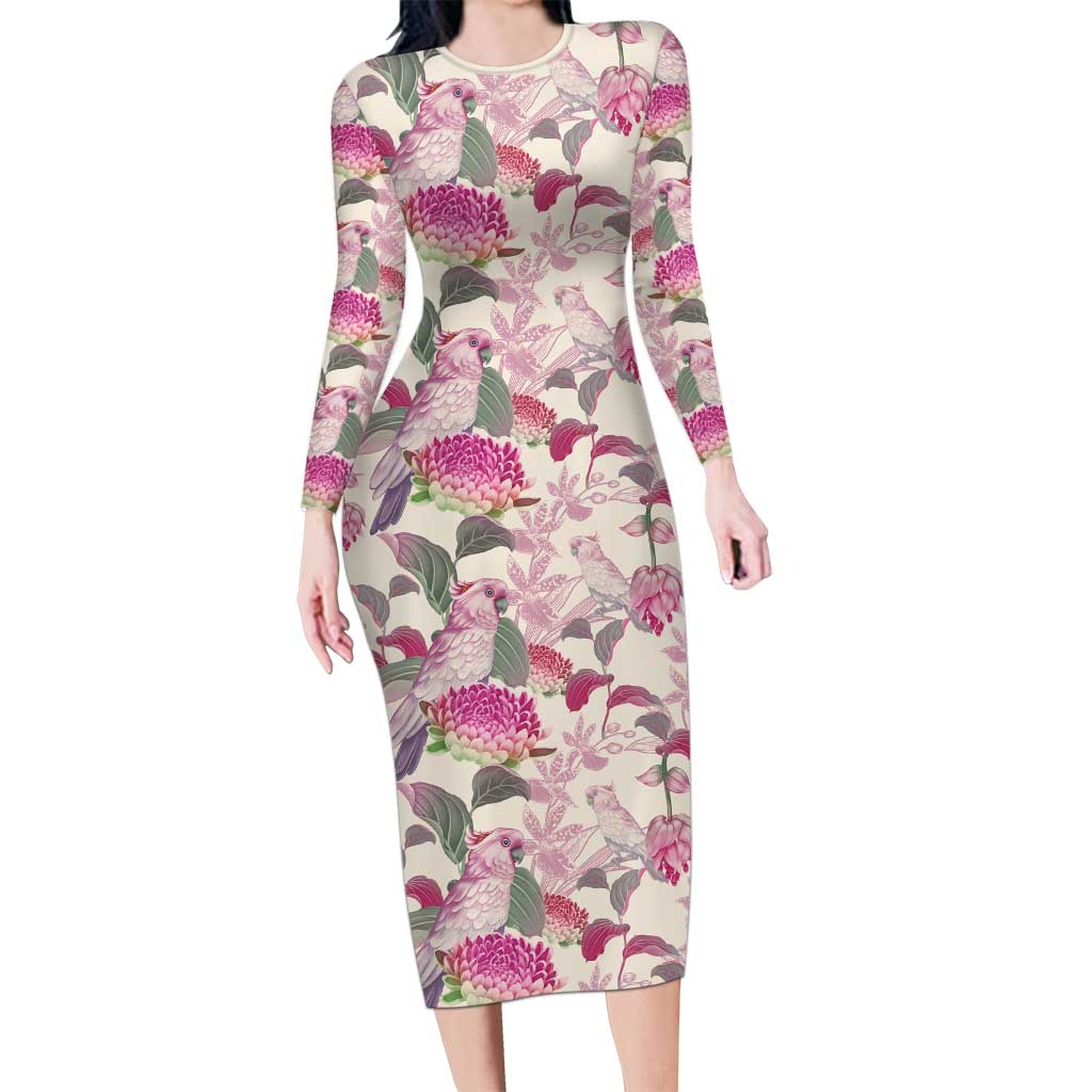 Pink Cockatoo Australia Long Sleeve Bodycon Dress Tropical Flowers - Seamless Pattern