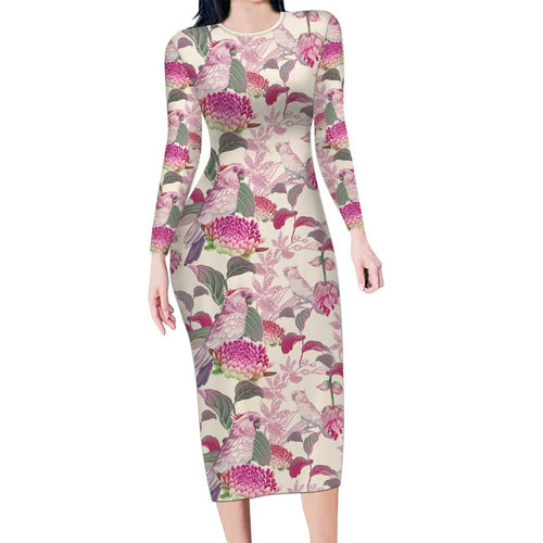 Pink Cockatoo Australia Long Sleeve Bodycon Dress Tropical Flowers - Seamless Pattern