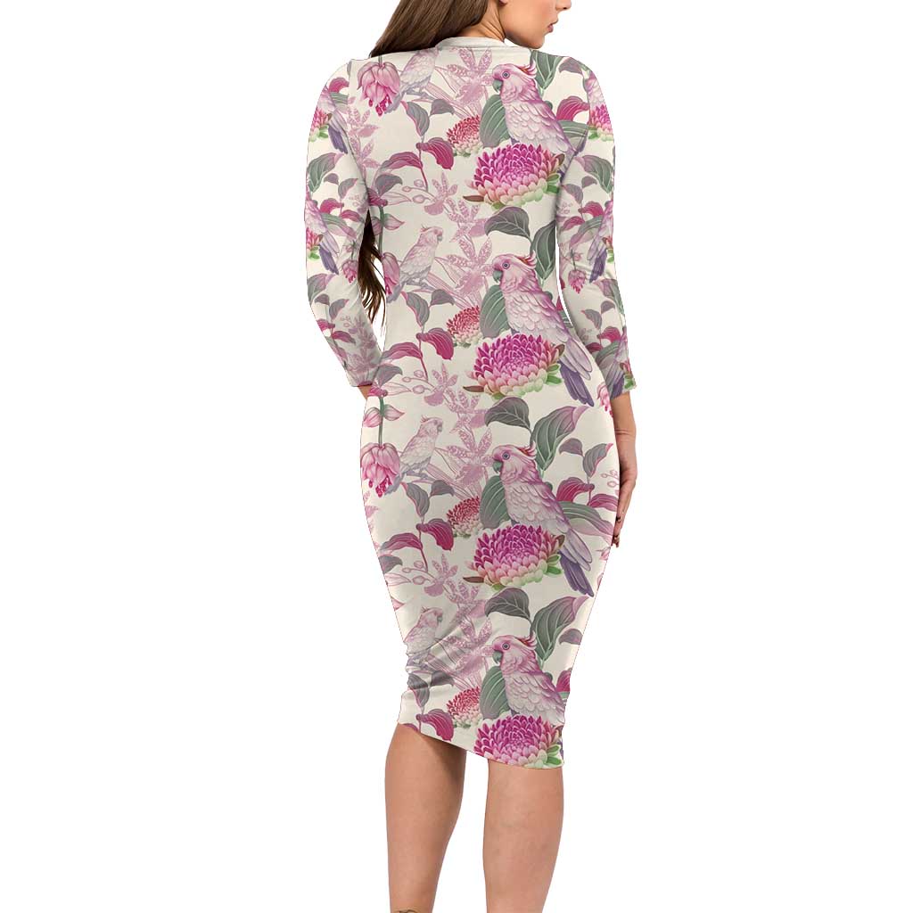 Pink Cockatoo Australia Long Sleeve Bodycon Dress Tropical Flowers - Seamless Pattern