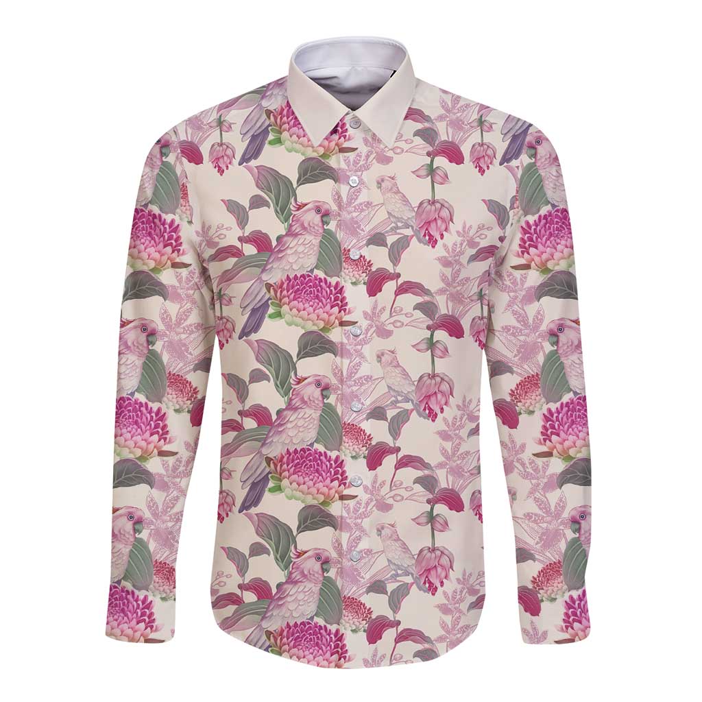 Pink Cockatoo Australia Long Sleeve Button Shirt Tropical Flowers - Seamless Pattern