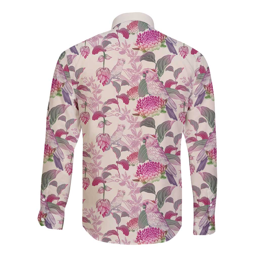 Pink Cockatoo Australia Long Sleeve Button Shirt Tropical Flowers - Seamless Pattern