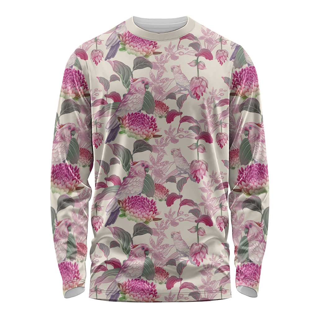 Pink Cockatoo Australia Long Sleeve Shirt Tropical Flowers - Seamless Pattern
