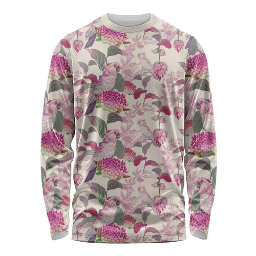 Pink Cockatoo Australia Long Sleeve Shirt Tropical Flowers - Seamless Pattern