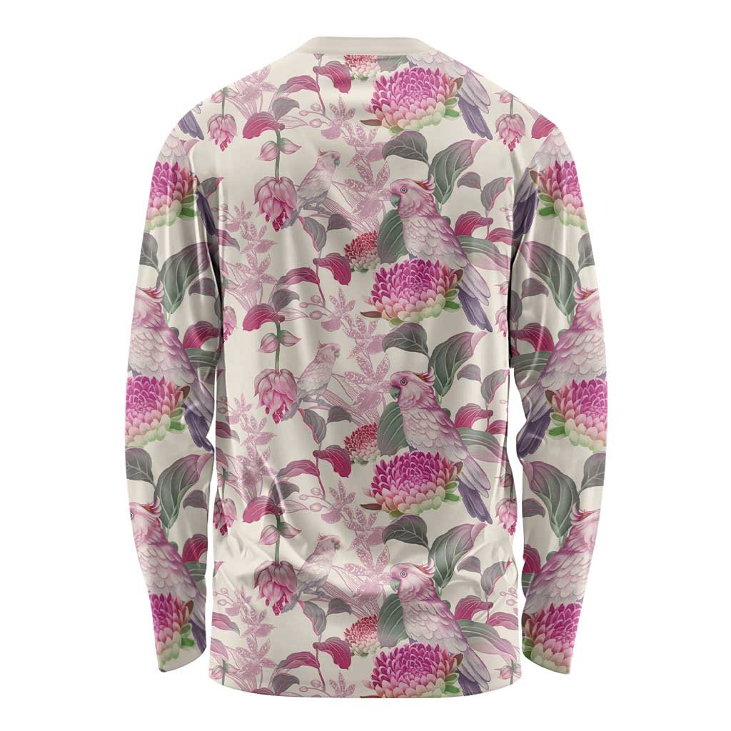Pink Cockatoo Australia Long Sleeve Shirt Tropical Flowers - Seamless Pattern