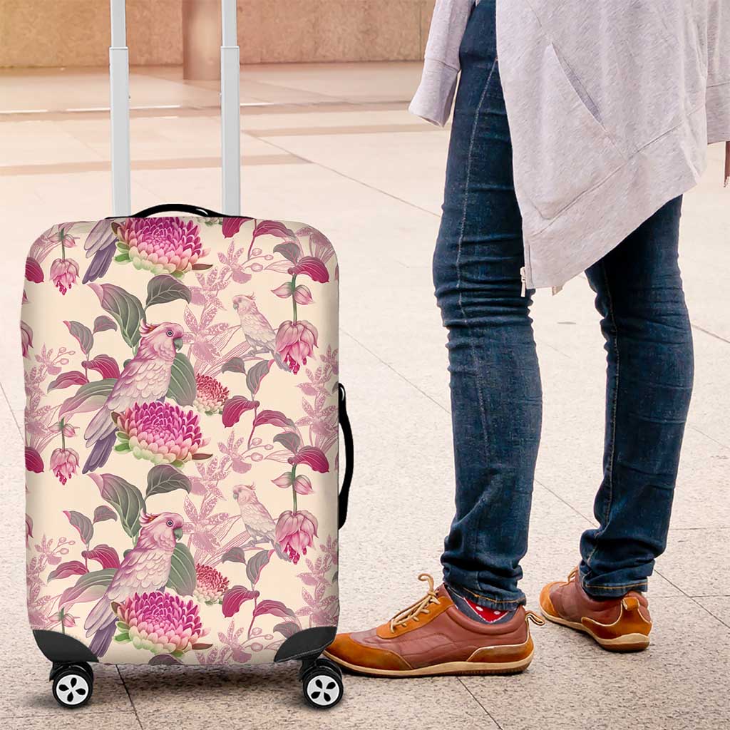 Pink Cockatoo Australia Luggage Cover Tropical Flowers - Seamless Pattern