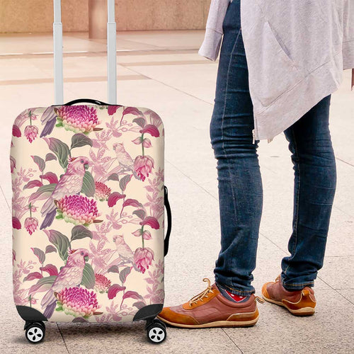 Pink Cockatoo Australia Luggage Cover Tropical Flowers - Seamless Pattern