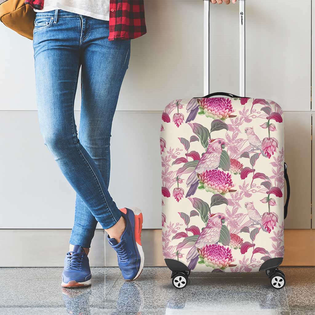 Pink Cockatoo Australia Luggage Cover Tropical Flowers - Seamless Pattern