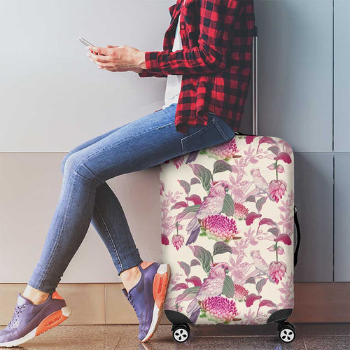 Pink Cockatoo Australia Luggage Cover Tropical Flowers - Seamless Pattern