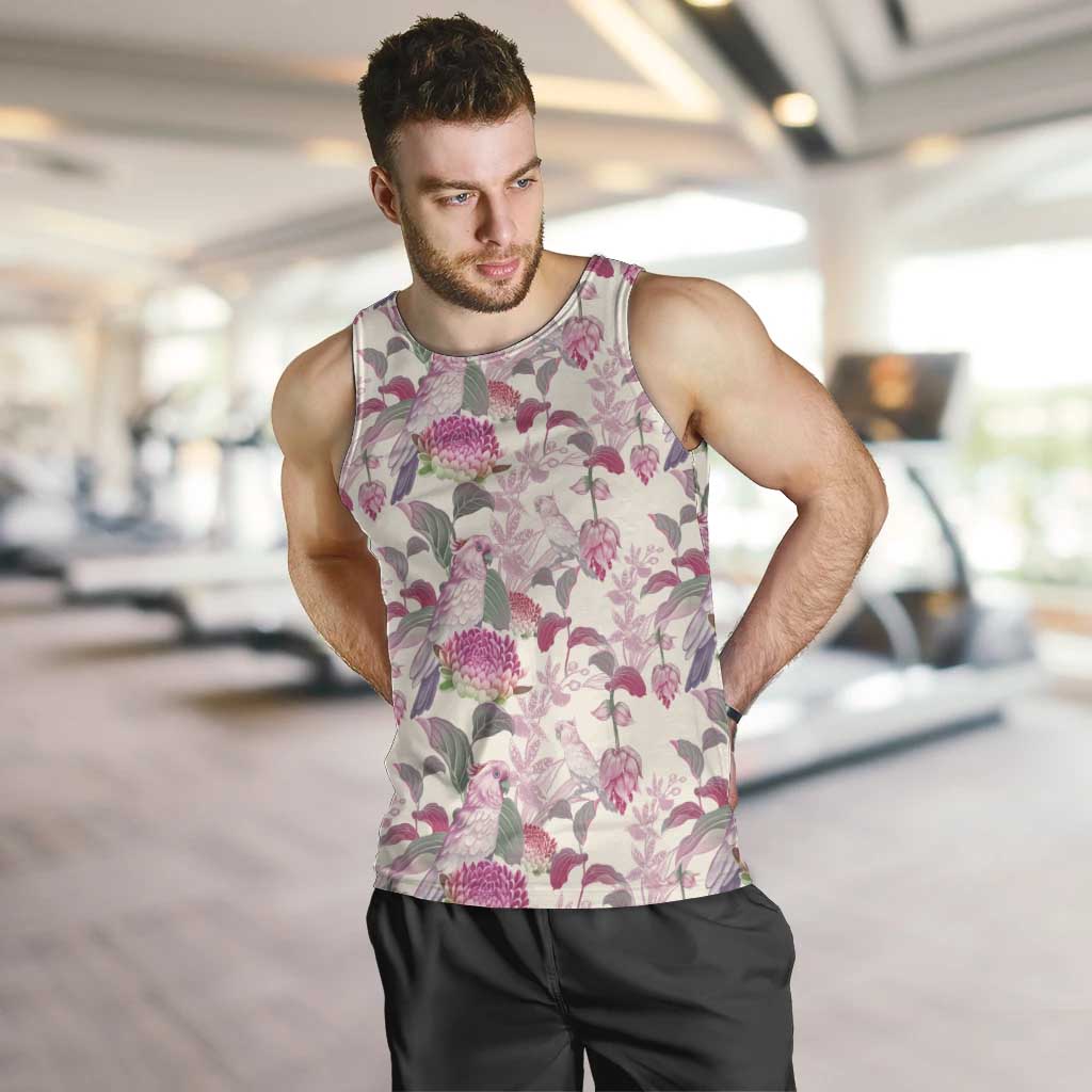 Pink Cockatoo Australia Men Tank Top Tropical Flowers - Seamless Pattern
