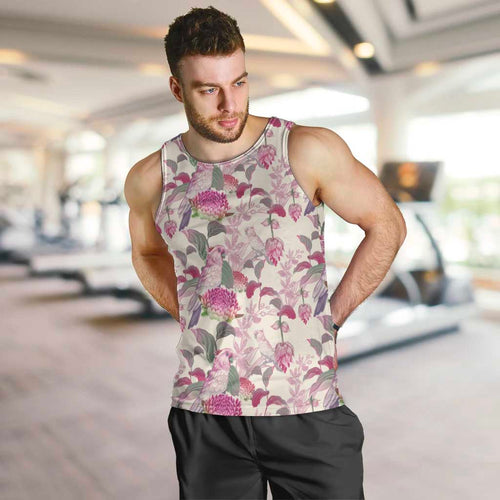 Pink Cockatoo Australia Men Tank Top Tropical Flowers - Seamless Pattern