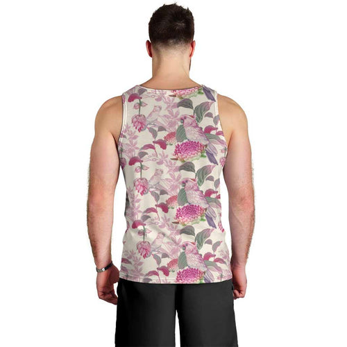 Pink Cockatoo Australia Men Tank Top Tropical Flowers - Seamless Pattern