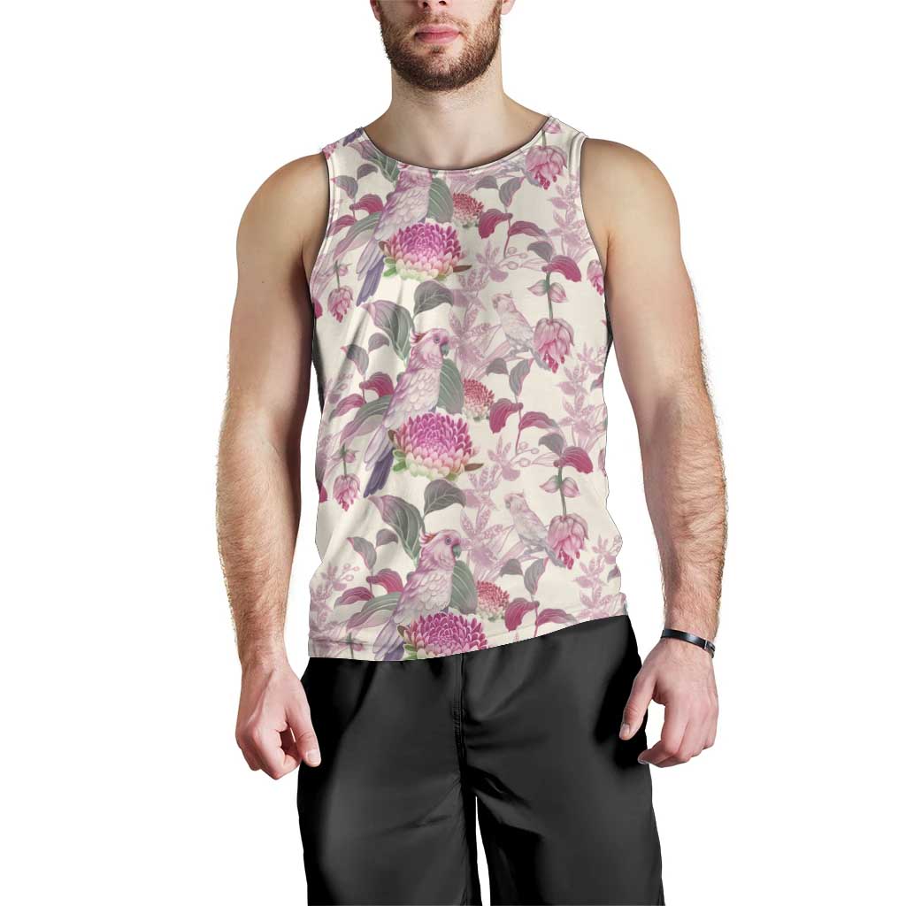 Pink Cockatoo Australia Men Tank Top Tropical Flowers - Seamless Pattern