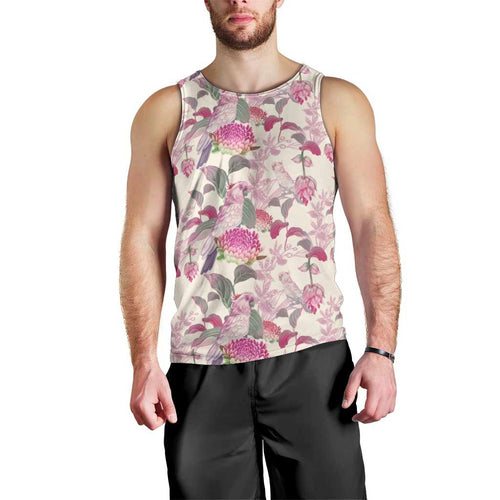 Pink Cockatoo Australia Men Tank Top Tropical Flowers - Seamless Pattern