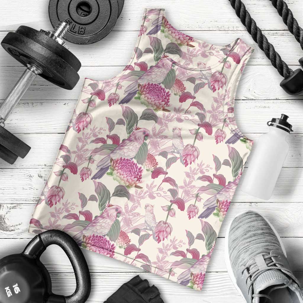 Pink Cockatoo Australia Men Tank Top Tropical Flowers - Seamless Pattern