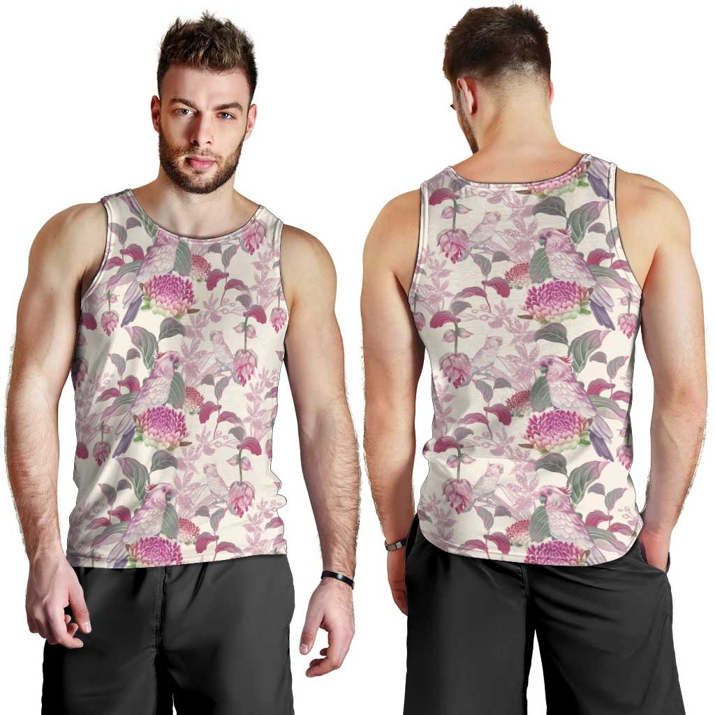 Pink Cockatoo Australia Men Tank Top Tropical Flowers - Seamless Pattern
