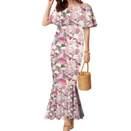 Pink Cockatoo Australia Mermaid Dress Tropical Flowers - Seamless Pattern