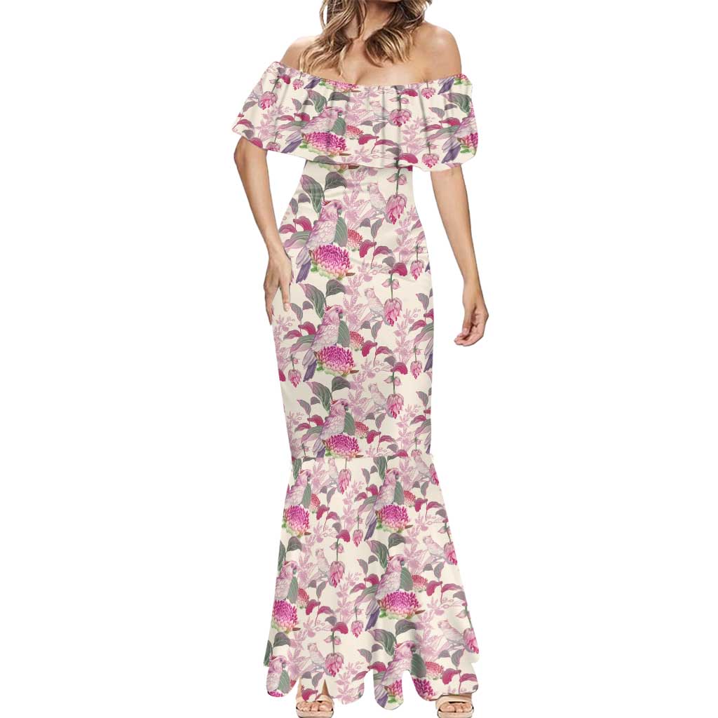 Pink Cockatoo Australia Mermaid Dress Tropical Flowers - Seamless Pattern