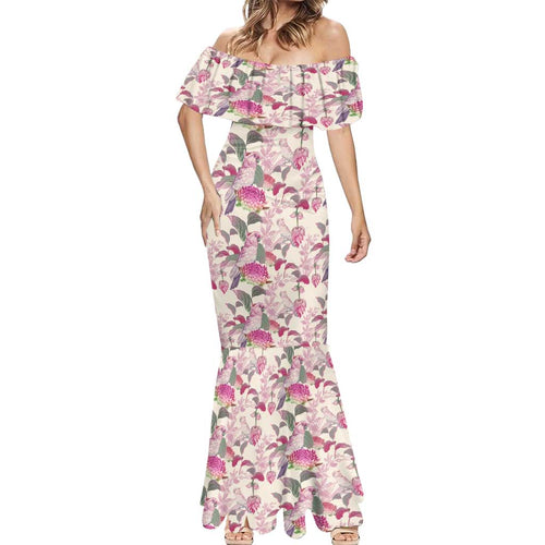 Pink Cockatoo Australia Mermaid Dress Tropical Flowers - Seamless Pattern