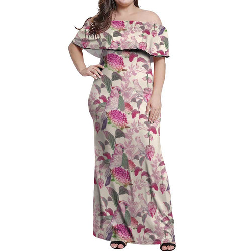 Pink Cockatoo Australia Off Shoulder Maxi Dress Tropical Flowers - Seamless Pattern