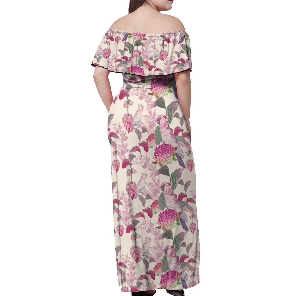 Pink Cockatoo Australia Off Shoulder Maxi Dress Tropical Flowers - Seamless Pattern