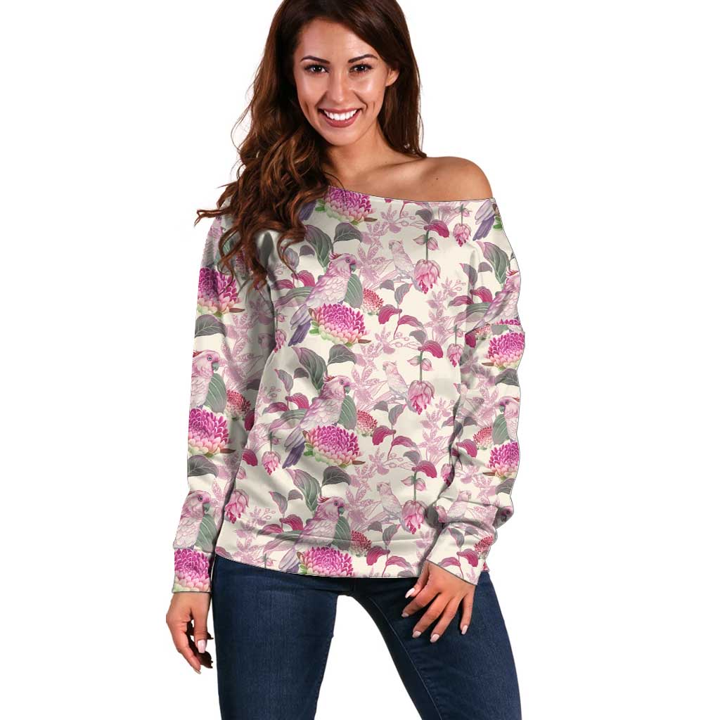 Pink Cockatoo Australia Off Shoulder Sweater Tropical Flowers - Seamless Pattern