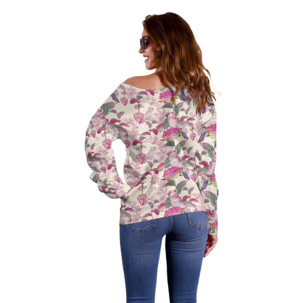 Pink Cockatoo Australia Off Shoulder Sweater Tropical Flowers - Seamless Pattern