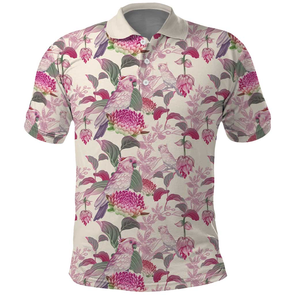 Pink Cockatoo Australia Polo Shirt Tropical Flowers - Seamless Pattern