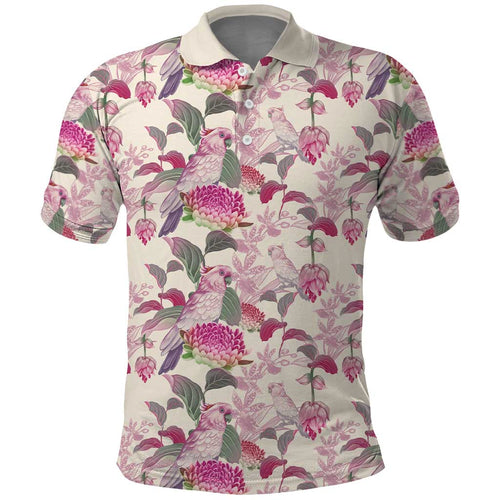 Pink Cockatoo Australia Polo Shirt Tropical Flowers - Seamless Pattern