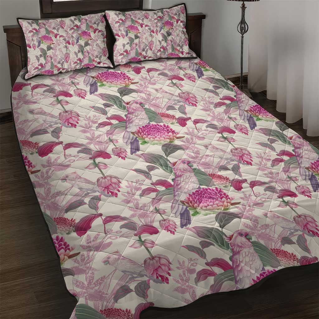 Pink Cockatoo Australia Quilt Bed Set Tropical Flowers - Seamless Pattern