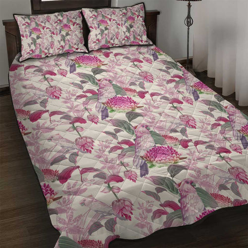 Pink Cockatoo Australia Quilt Bed Set Tropical Flowers - Seamless Pattern