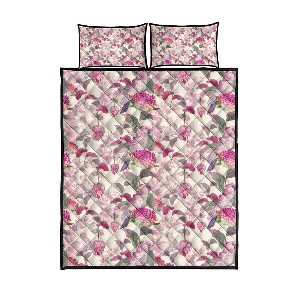 Pink Cockatoo Australia Quilt Bed Set Tropical Flowers - Seamless Pattern