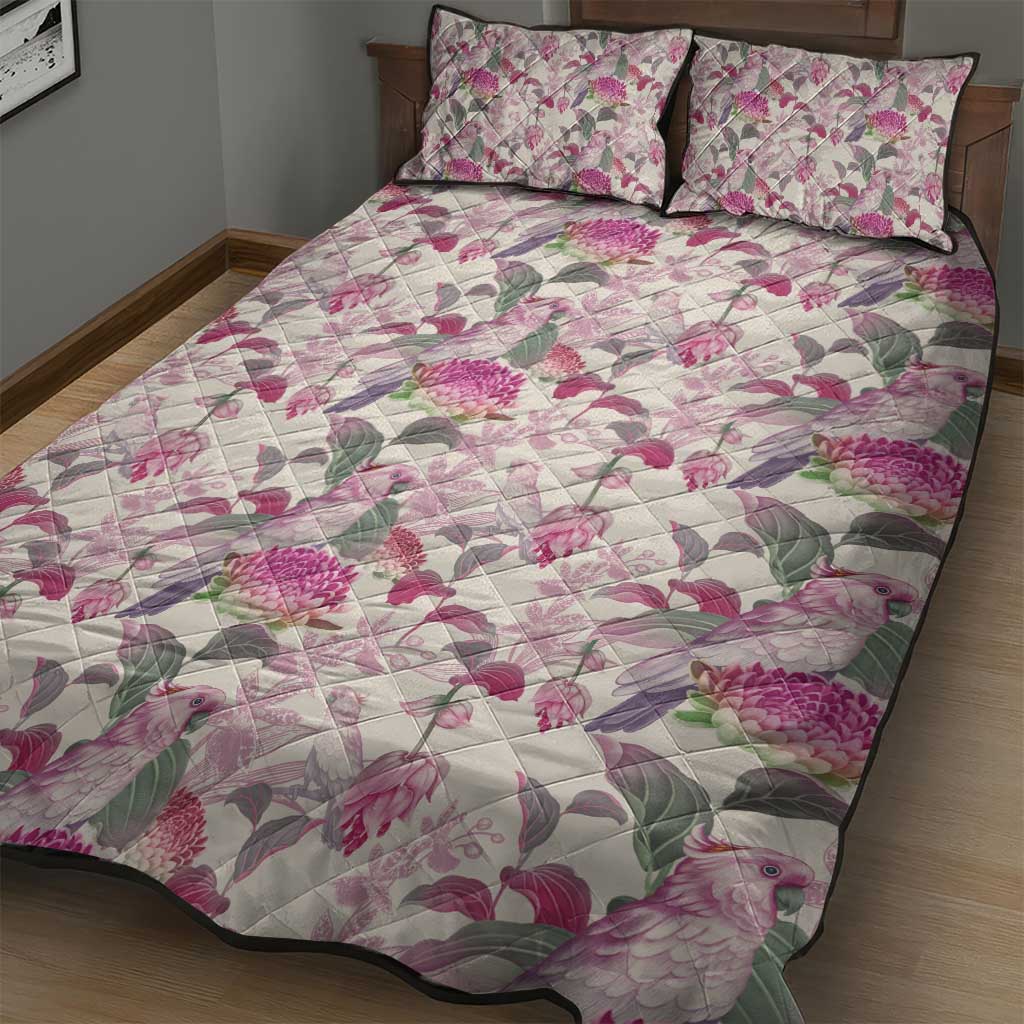 Pink Cockatoo Australia Quilt Bed Set Tropical Flowers - Seamless Pattern