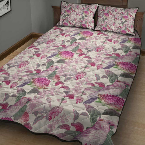 Pink Cockatoo Australia Quilt Bed Set Tropical Flowers - Seamless Pattern