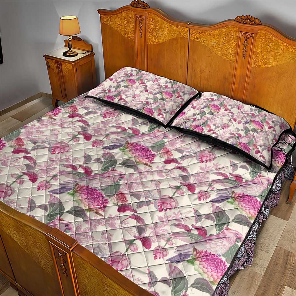 Pink Cockatoo Australia Quilt Bed Set Tropical Flowers - Seamless Pattern