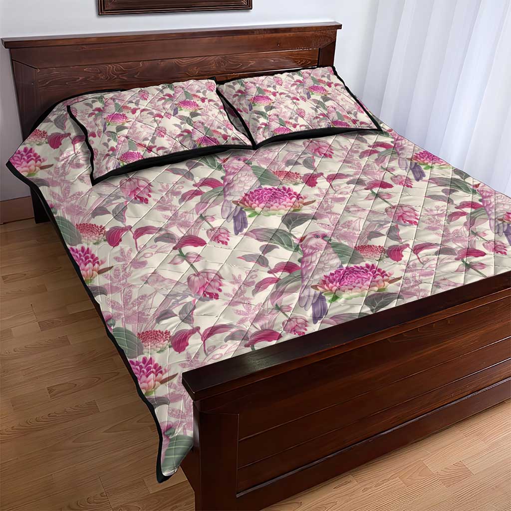 Pink Cockatoo Australia Quilt Bed Set Tropical Flowers - Seamless Pattern