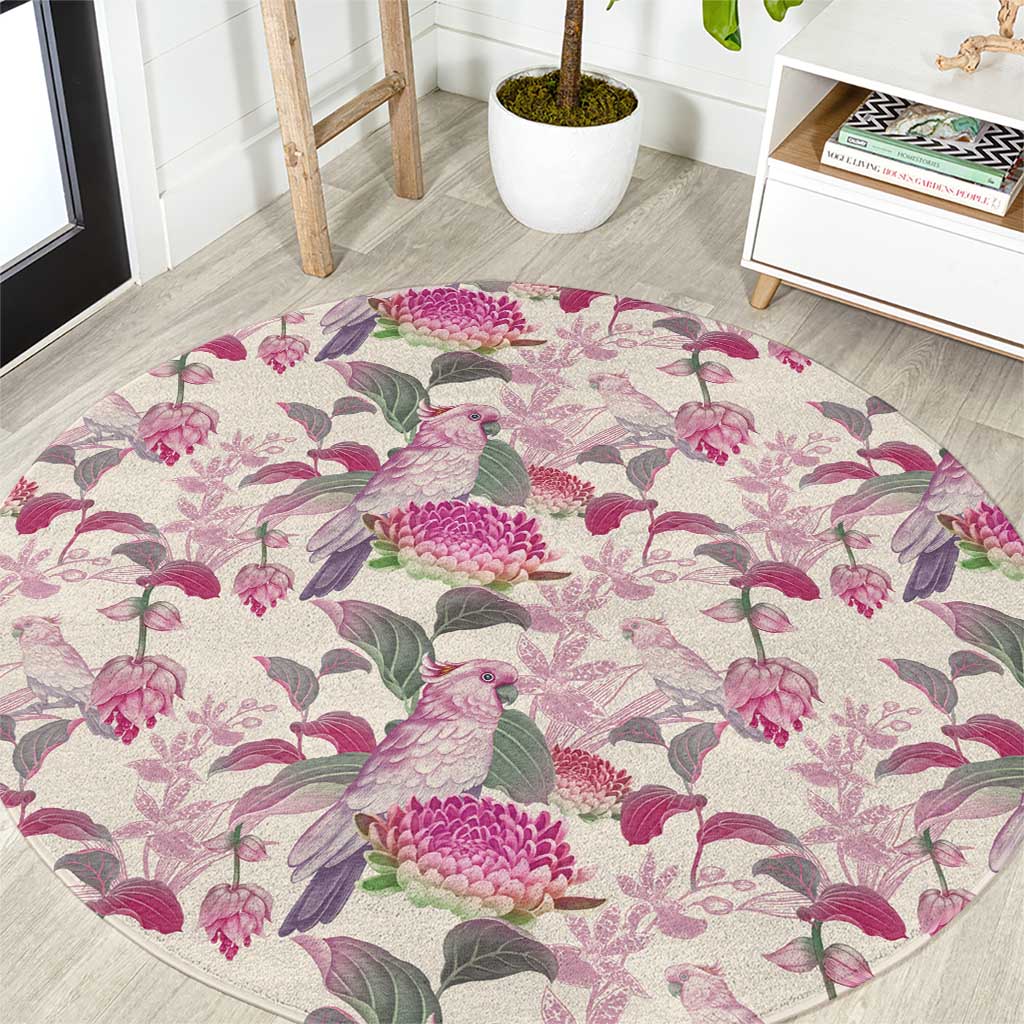 Pink Cockatoo Australia Round Carpet Tropical Flowers - Seamless Pattern