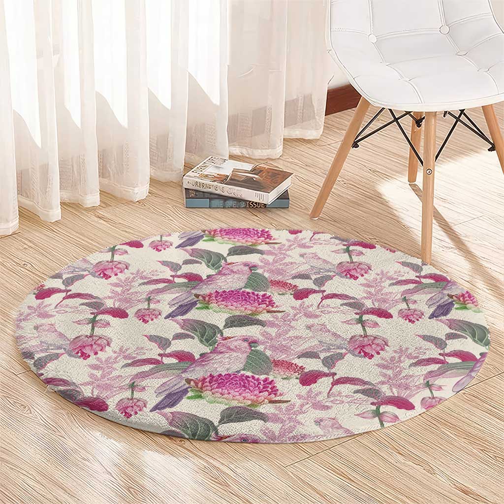 Pink Cockatoo Australia Round Carpet Tropical Flowers - Seamless Pattern