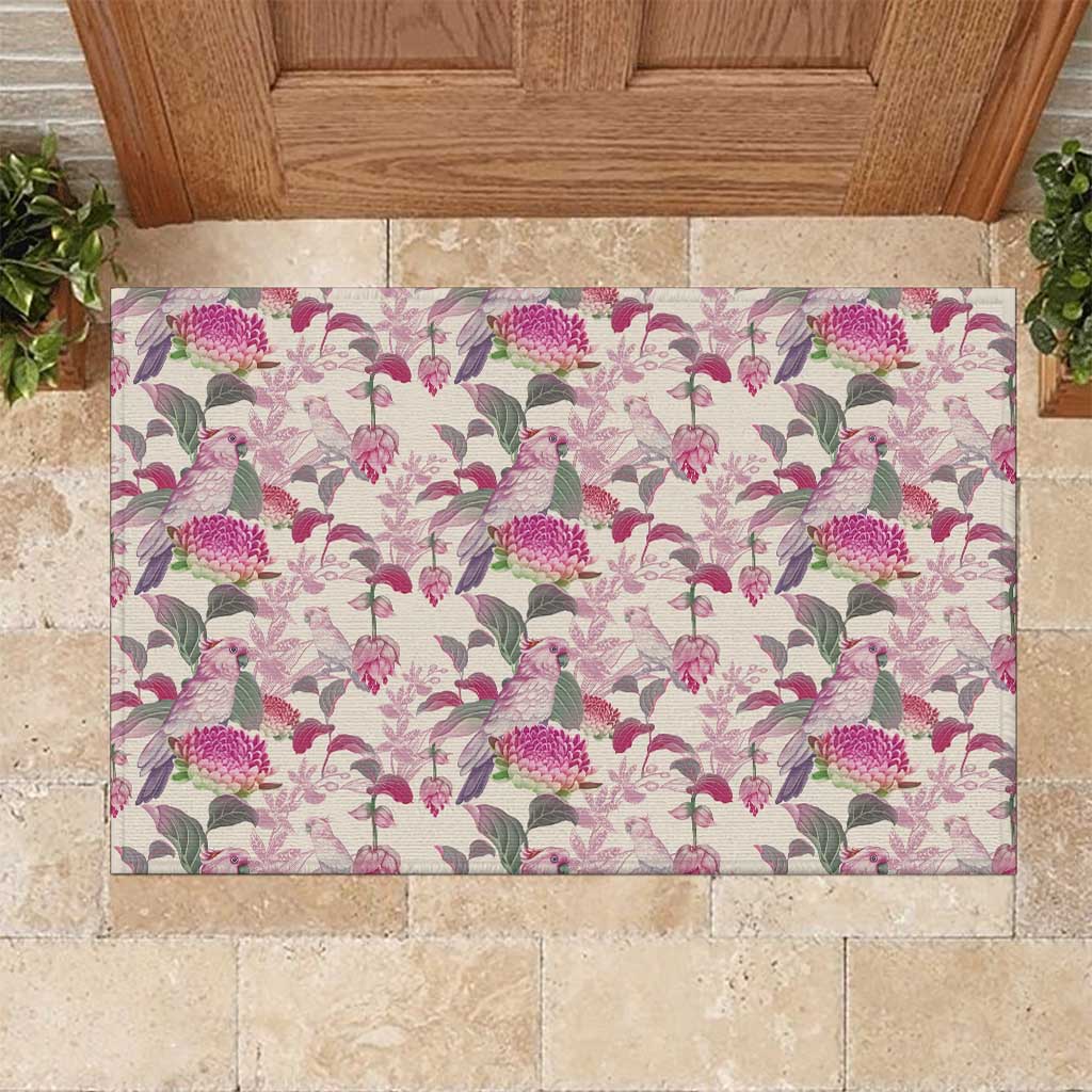 Pink Cockatoo Australia Rubber Doormat Tropical Flowers - Seamless Pattern